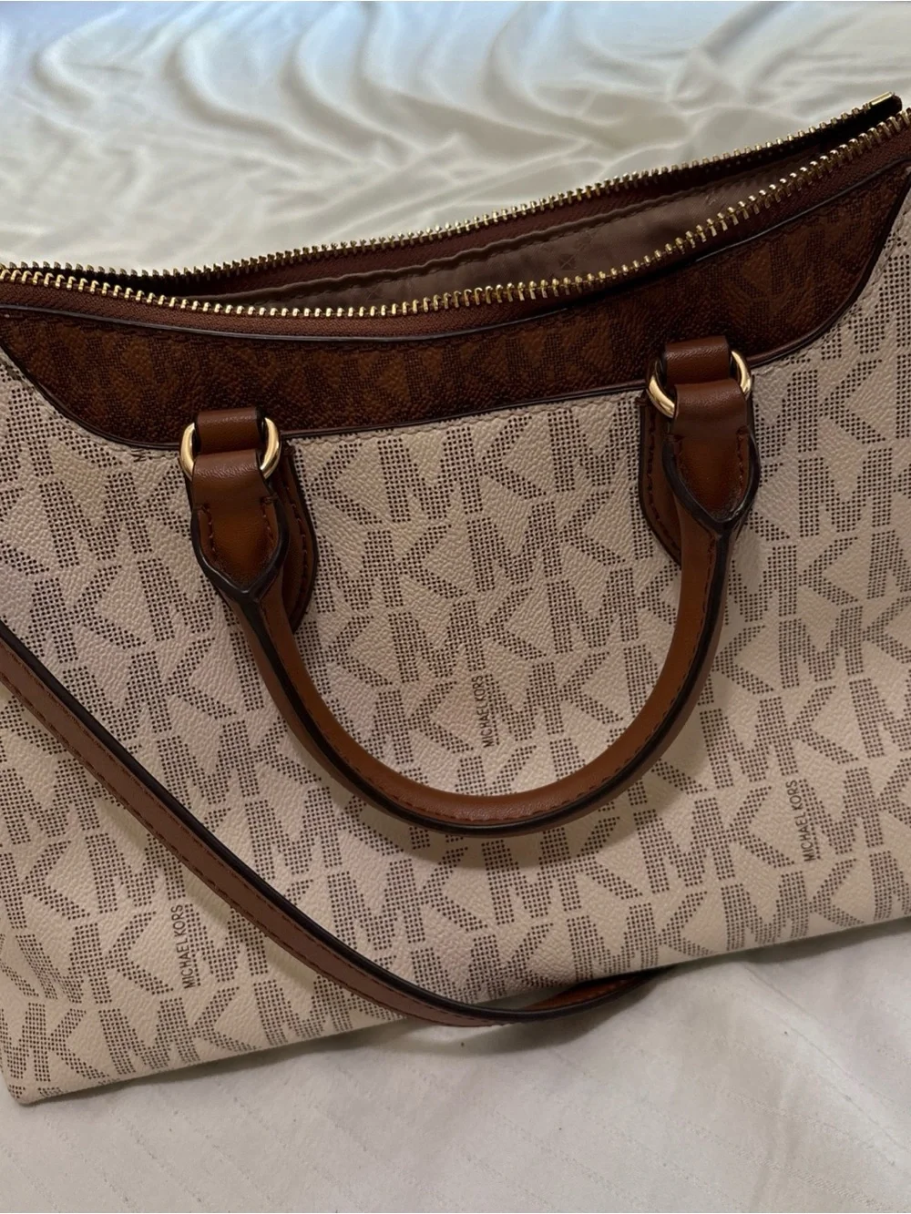 Michael Kors Beige Logo Satchel with Brown Trim and Gold Hardware